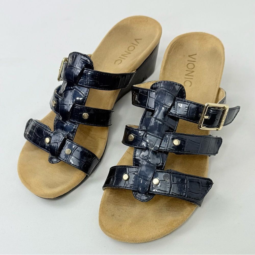 Vionic RADIA Blue Patent Reptile Embossed Triple T Strap Slide Wedge Sandals - Picture 2 of 14